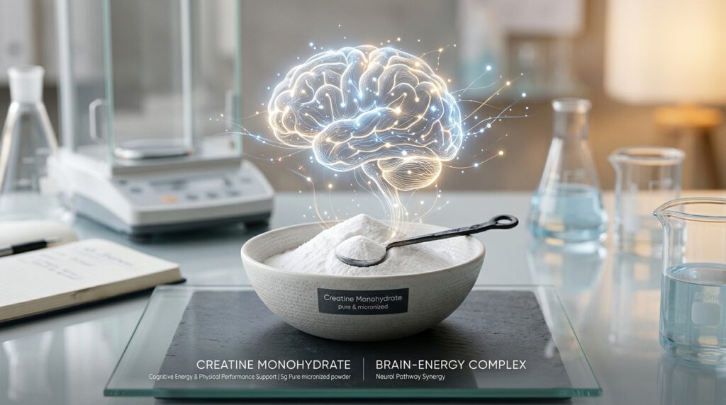 Creatine monohydrate and brain energy health concept