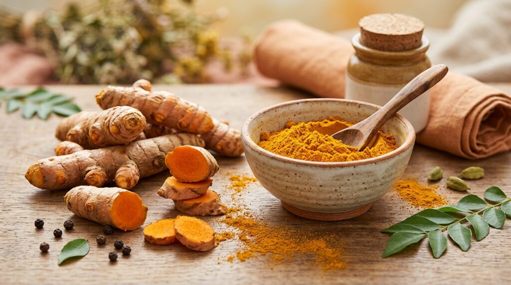 Fresh turmeric root and turmeric powder containing curcumin