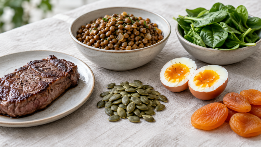 Iron-rich foods on a linen tablecloth: a small steak, cooked lentils, fresh spinach, a soft-boiled egg, pumpkin seeds and dried apricots