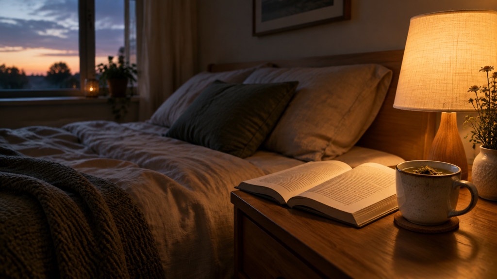 A calm, dimly lit bedroom at dusk with a warm bedside lamp, an open book and a mug of herbal tea on the bedside table